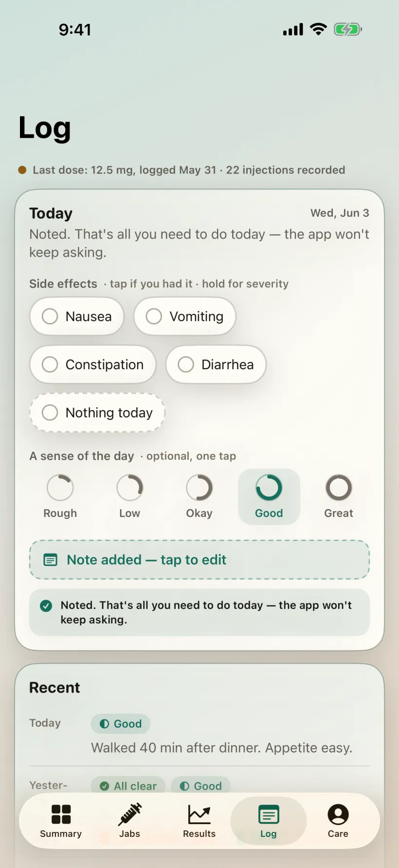Gaurava Log screen with a one-tap daily check-in, side-effect chips, and a sense-of-the-day dial.
