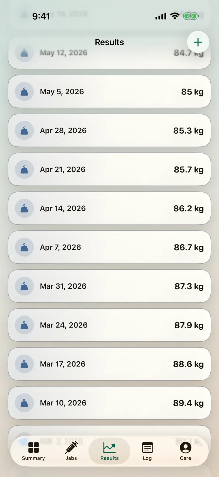 Gaurava Results list of weigh-ins by date, each entry showing weight in kilograms.