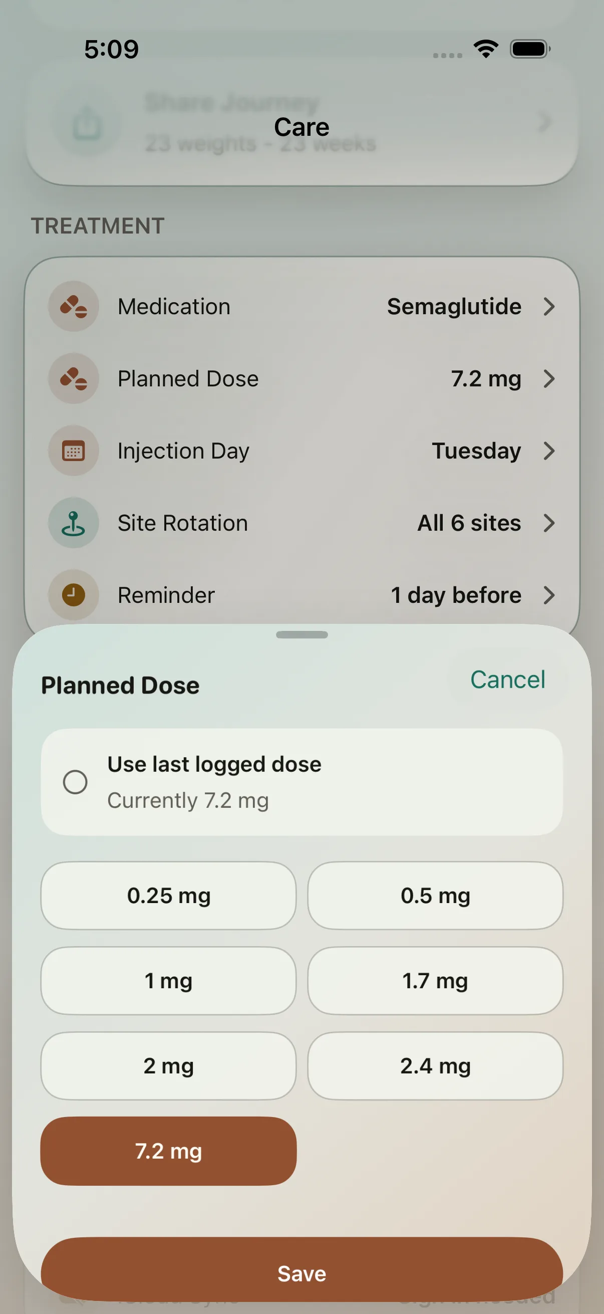 Gaurava Care screen showing Semaglutide selected, planned dose choices, injection day, site rotation, and reminder settings.