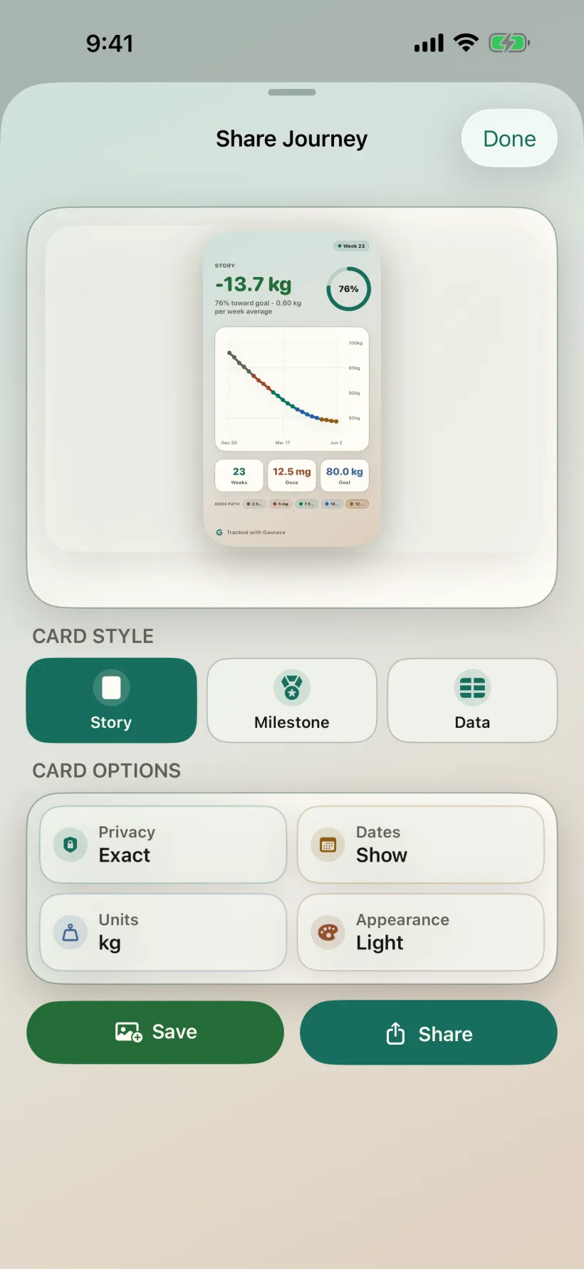 Gaurava Share Journey composer with card styles, privacy options, and a save button.